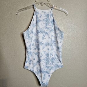 NWT Express Edition Tie Dye Halter Tank top Bodysuit Women's Small White Blue